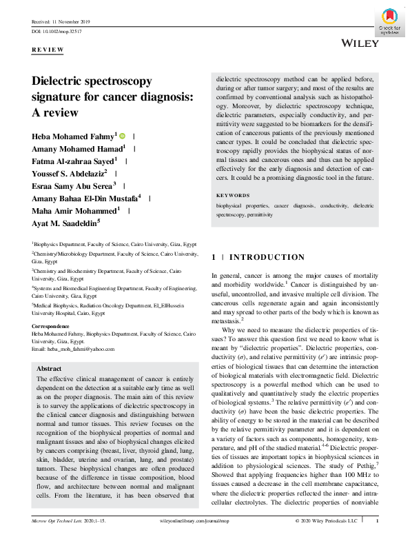 (PDF) Dielectric spectroscopy signature for cancer diagnosis: A review