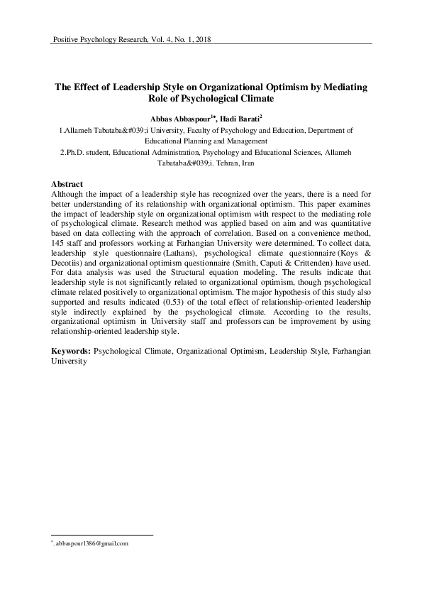 (PDF) The Effect of Leadership Style on Organizational Optimism by ...