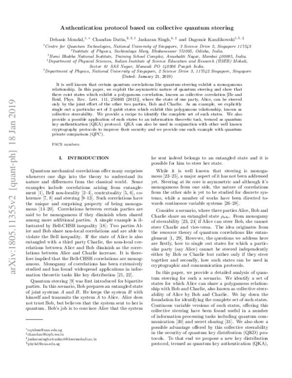 (PDF) Authentication protocol based on collective quantum steering