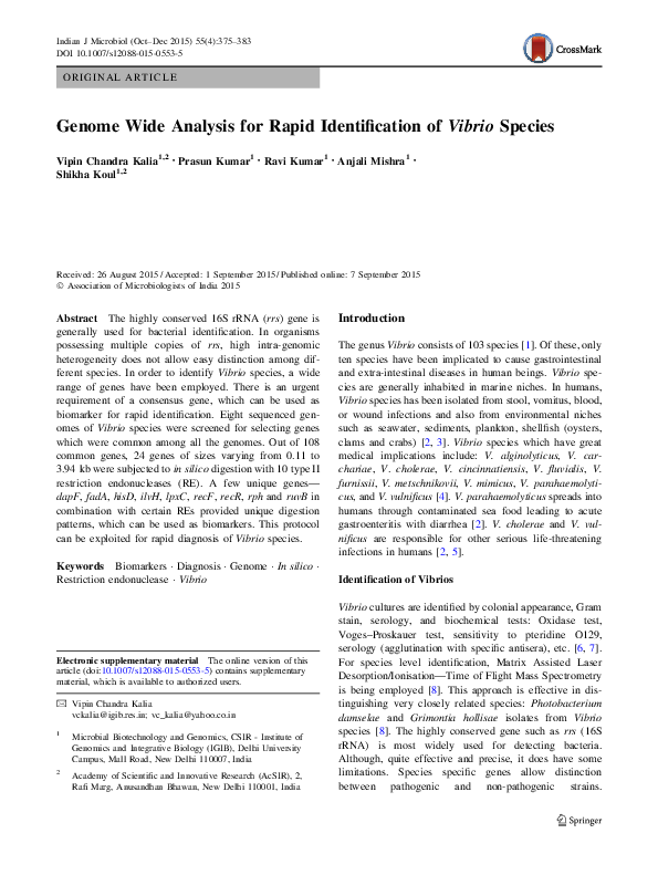 (PDF) Genome Wide Analysis for Rapid Identification of Vibrio Species