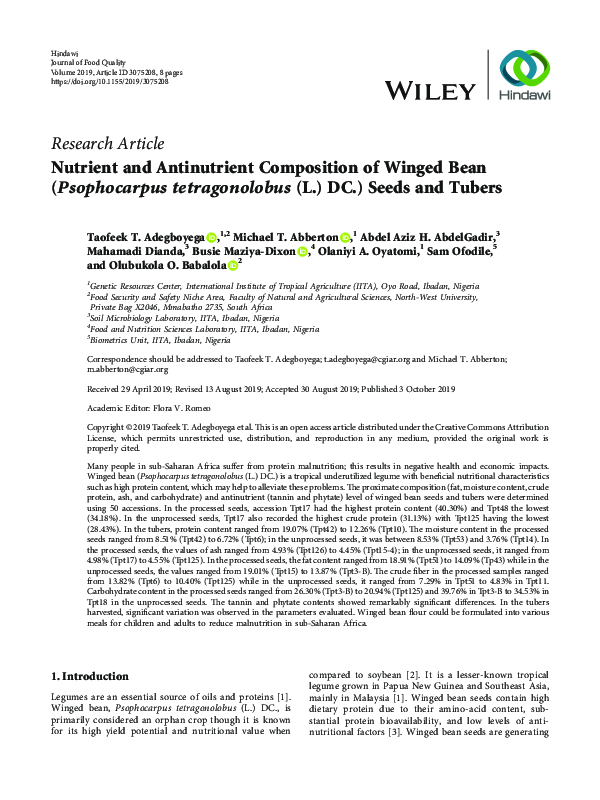 (PDF) Nutrient and Antinutrient Composition of Winged Bean ...