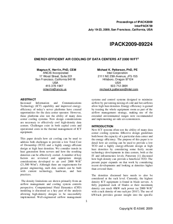 (PDF) Energy-Efficient Air Cooling of Data Centers at 2000 W/ft