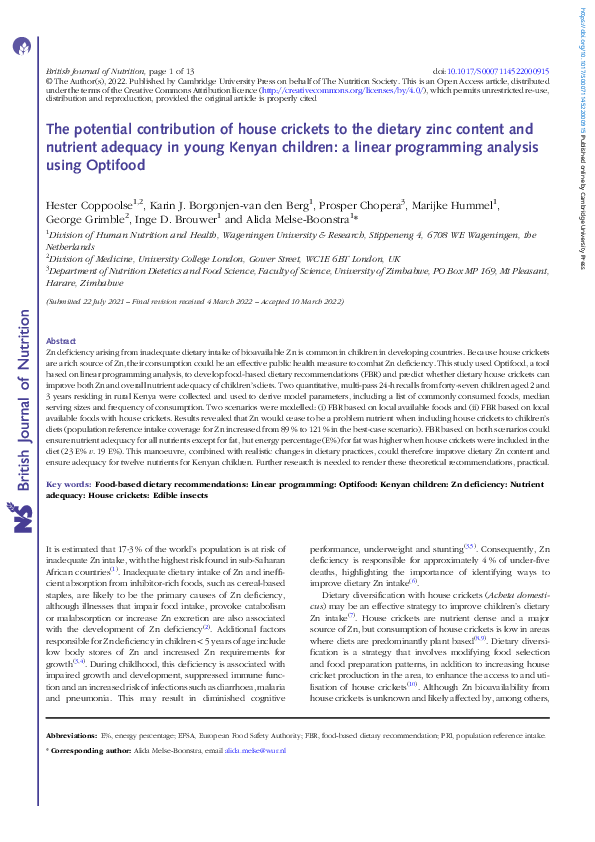 (PDF) The potential contribution of house crickets to the dietary zinc ...