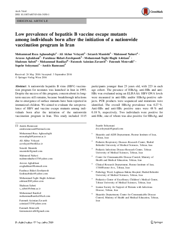 (PDF) Low prevalence of hepatitis B vaccine escape mutants among ...