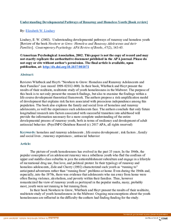 (PDF) Understanding developmental pathways of runaway and homeless youth