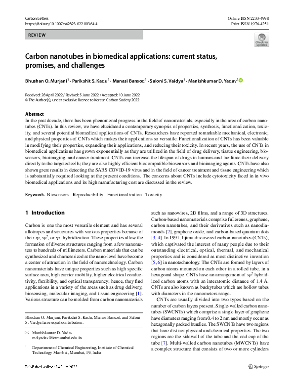 (PDF) Carbon nanotubes in biomedical applications: current status ...