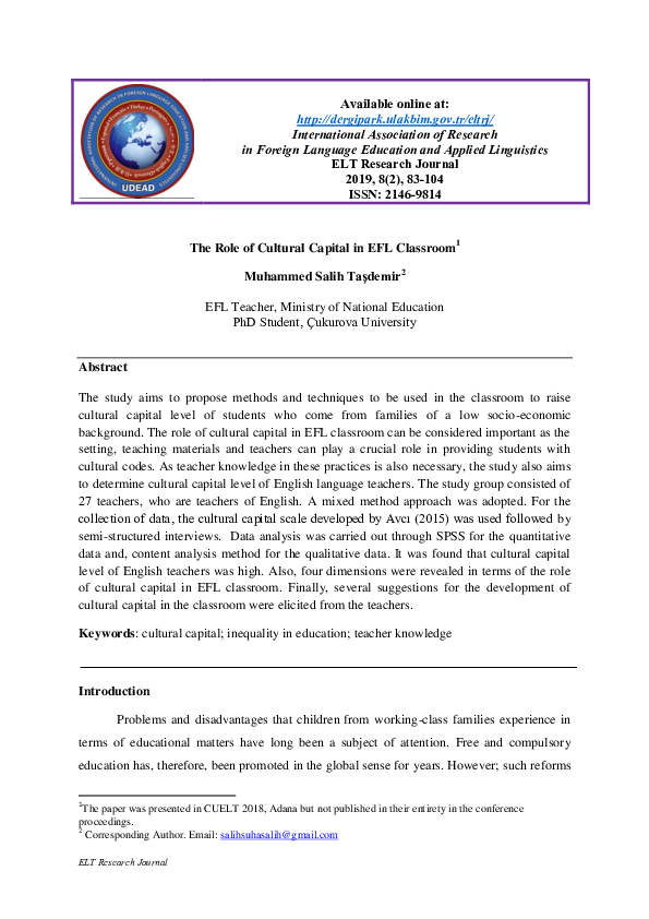(PDF) The Role of Cultural Capital in Efl Classroom