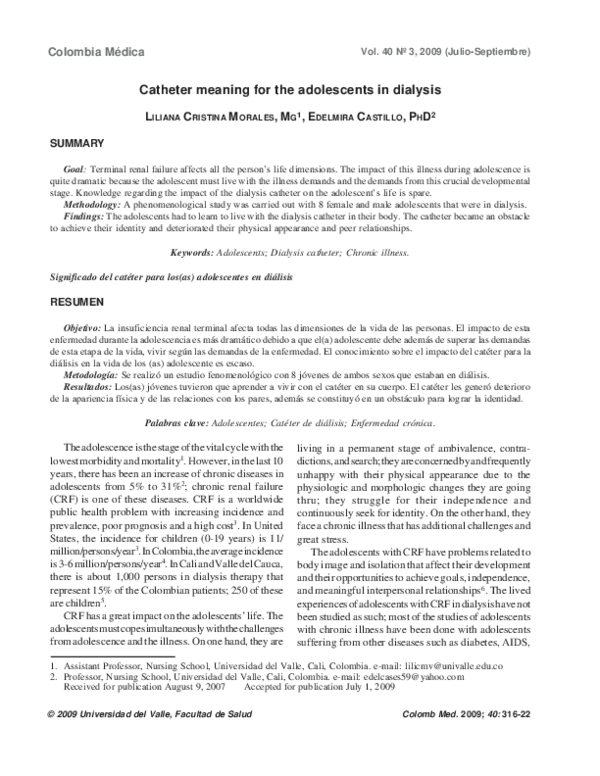 (PDF) Catheter meaning for the adolescents in dialysis LILIANA