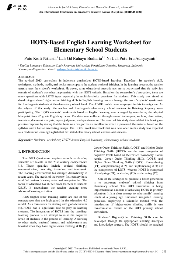 (PDF) HOTSBased English Learning Worksheet for Elementary School