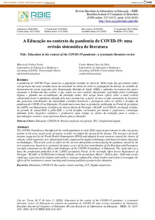 (PDF) Education in the context of the COVID-19 pandemic: a systematic ...