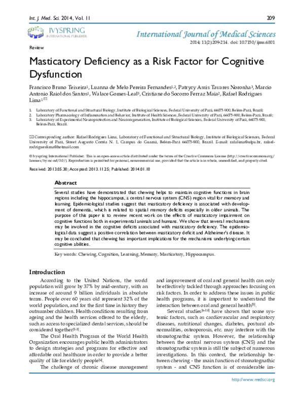 (PDF) Masticatory Deficiency as a Risk Factor for Cognitive Dysfunction ...