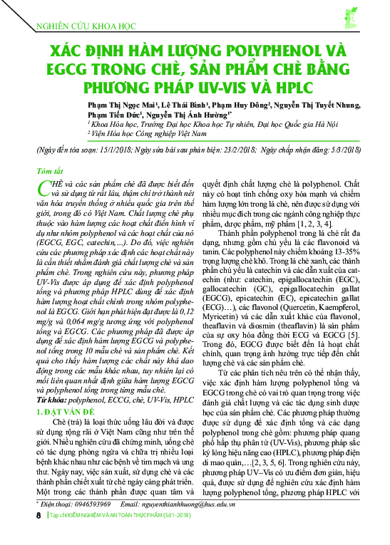 (PDF) Xác định hàm lượng Polyphenol và EGCG trong chè và sản phẩm chè