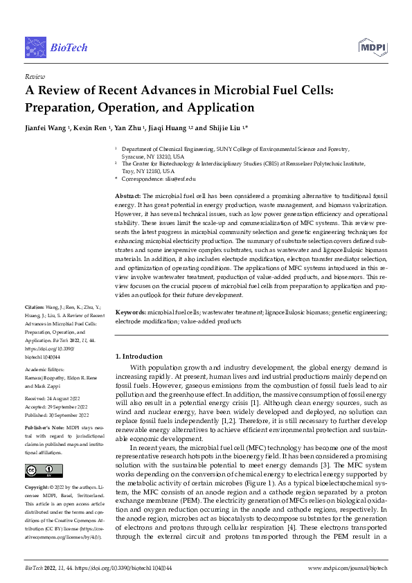 (PDF) A Review of Recent Advances in Microbial Fuel Cells: Preparation ...