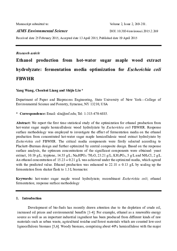 (PDF) Ethanol production from hot-water sugar maple wood extract ...