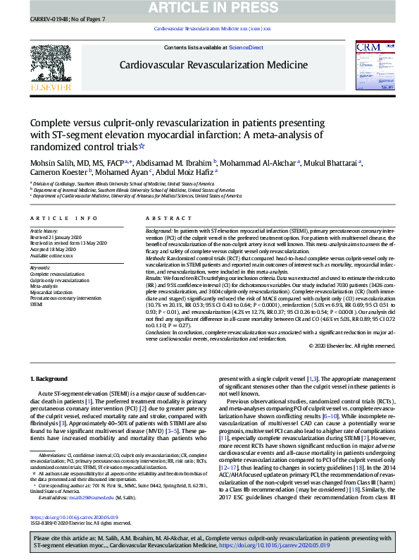 (PDF) Complete versus culprit only revascularization in acute ST ...