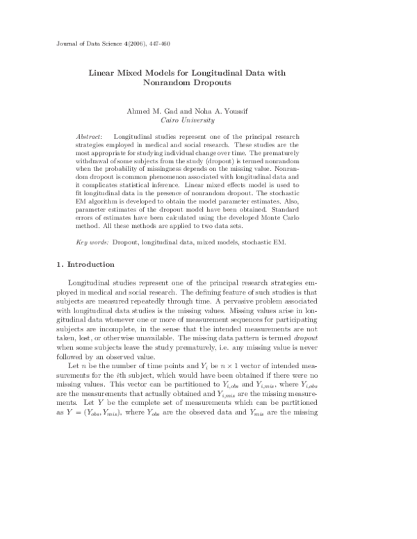 (PDF) Linear Mixed Models for Longitudinal Data with Nonrandom Dropouts