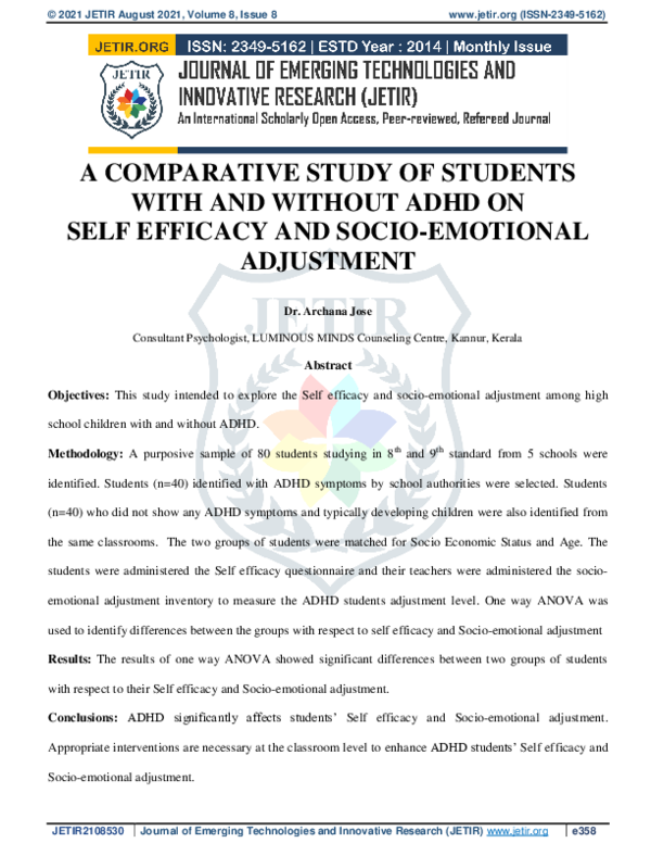(PDF) A comparative study of students with and without ADHD on self ...