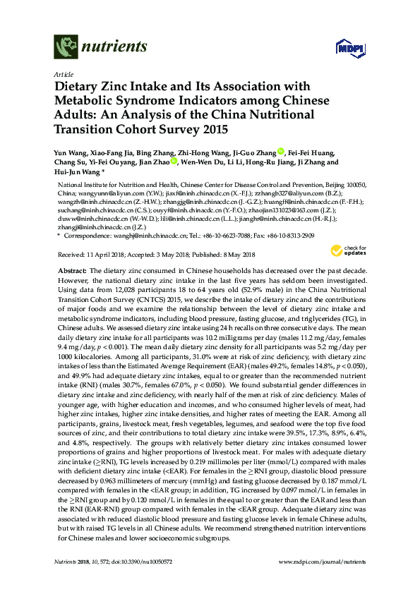 (PDF) Dietary Zinc Intake and Its Association with Metabolic Syndrome ...