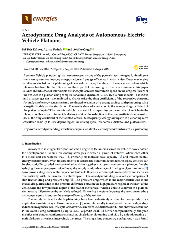 (PDF) Aerodynamic Drag Analysis of Autonomous Electric Vehicle Platoons