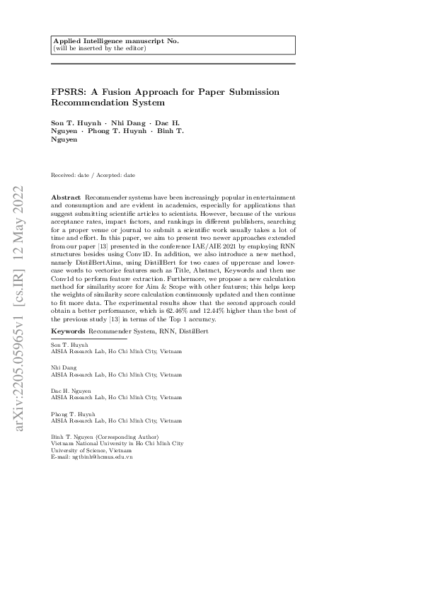 (PDF) FPSRS: a fusion approach for paper submission recommendation system