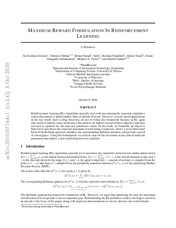 (PDF) Maximum Reward Formulation In Reinforcement Learning