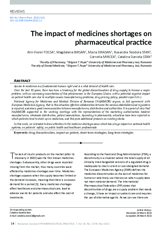 (PDF) The impact of medicines shortages on pharmaceutical practice