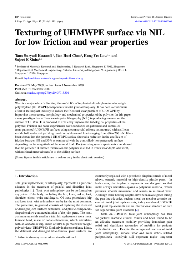 (PDF) Texturing of UHMWPE surface via NIL for low friction and wear ...