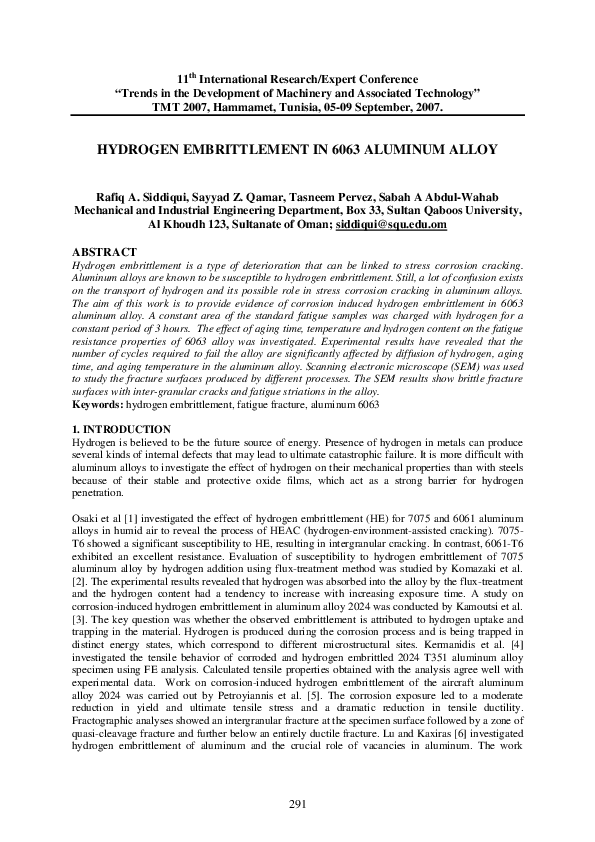 (PDF) Hydrogen Embrittlement in 6063 Aluminum Alloy Zahid Qamar