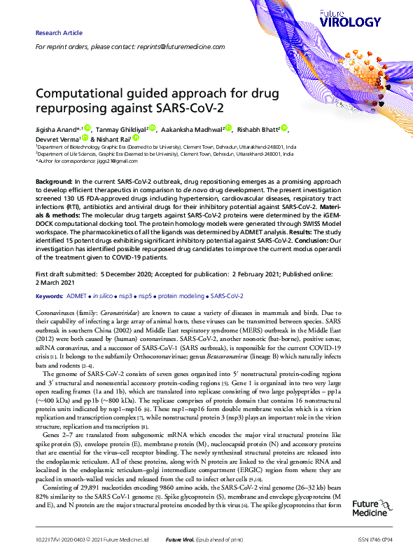 (PDF) Computational guided approach for drug repurposing against SARS-CoV-2