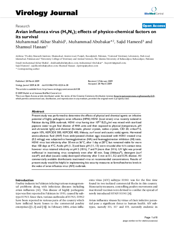(PDF) Avian influenza virus (H5N1); effects of physico-chemical factors ...