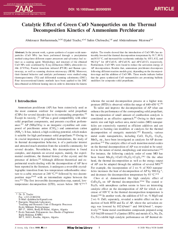 (PDF) Catalytic Effect of Green CuO Nanoparticles on the Thermal ...