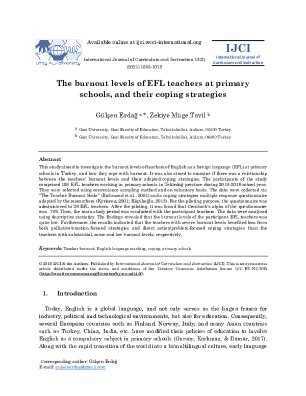 (PDF) The Burnout Levels of EFL Teachers at Primary Schools, and Their ...