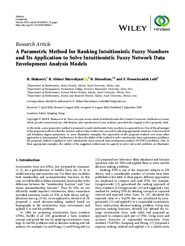 (PDF) A Parametric Method for Ranking Intuitionistic Fuzzy Numbers and ...