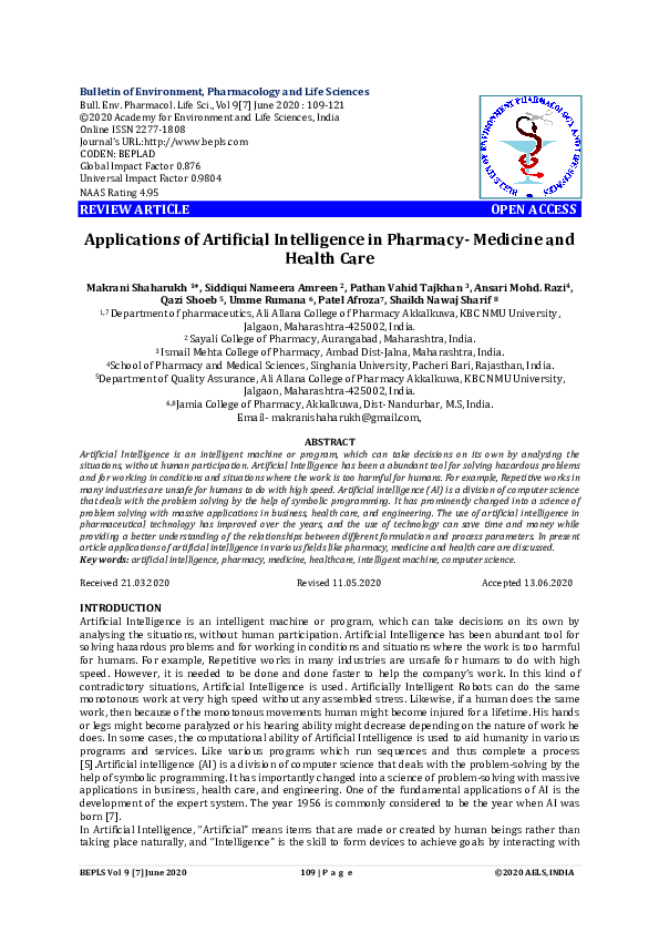 (PDF) Applications of Artificial Intelligence in Pharmacy- Medicine and ...