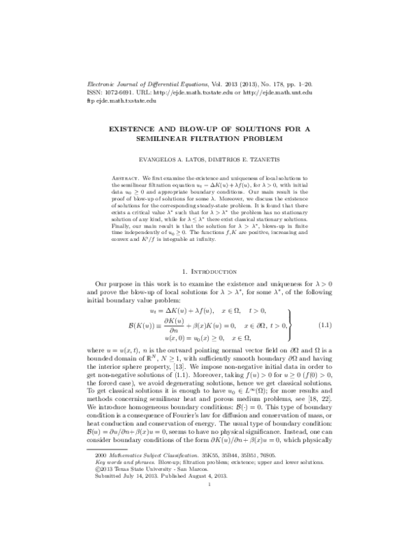 (PDF) Existence and blow-up of solutions for a semilinear filtration ...