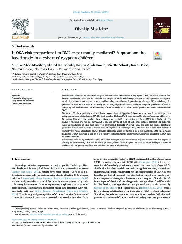 (PDF) Is OSA risk proportional to BMI or parentally mediated? A ...
