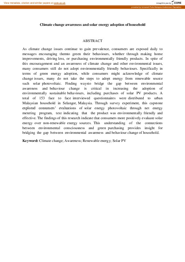(PDF) Climate change awareness and solar energy adoption of household