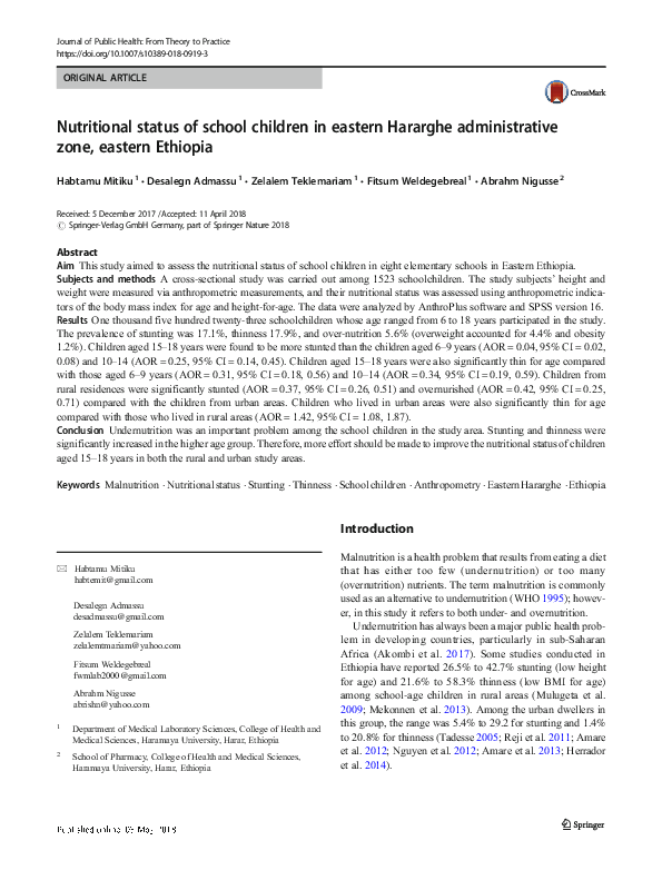 (PDF) Nutritional status of school children in eastern Hararghe ...
