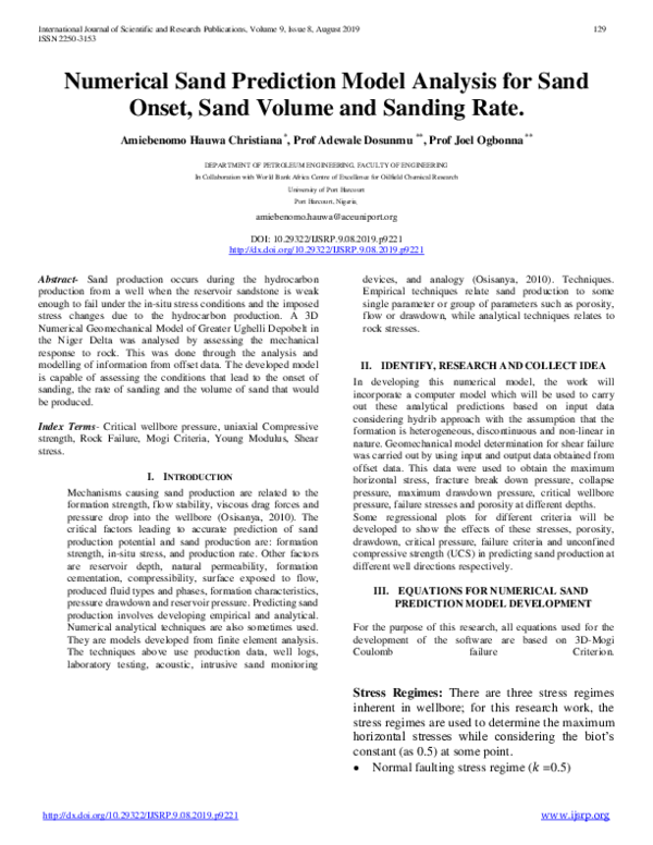 (PDF) Numerical Sand Prediction Model Analysis for Sand Onset, Sand ...