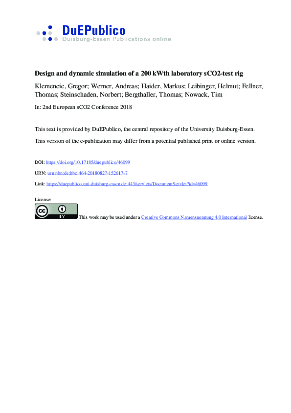 (PDF) Design and dynamic simulation of a 200 kWth laboratory sCO2-test rig