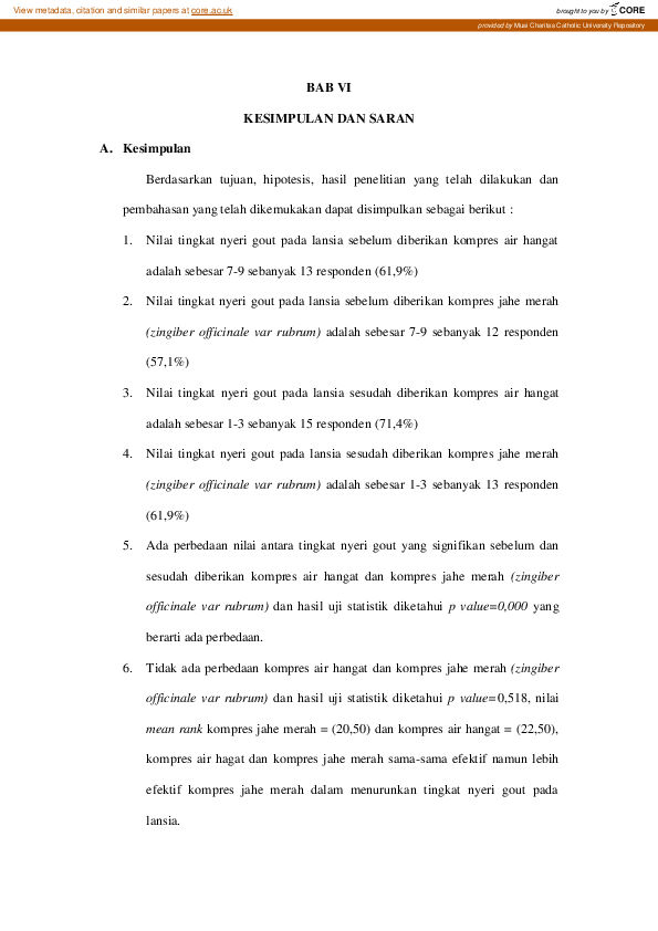 Perbedaan Kompres Air Hangat Dan Kompres Jahe Merah (Zingiber Officinale Var Rubrum) Terhadap Tingkat Nyeri Gout Pada Lansia Di Panti Werdha Palembang