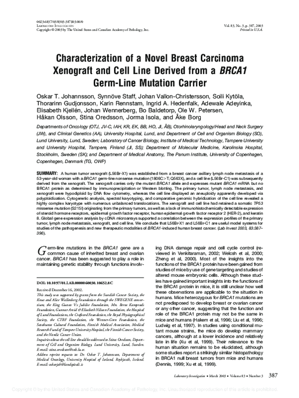(PDF) Characterization of a Novel Breast Carcinoma Xenograft and Cell ...