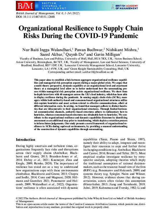 (PDF) Organizational Resilience to Supply Chain Risks During the COVID ...
