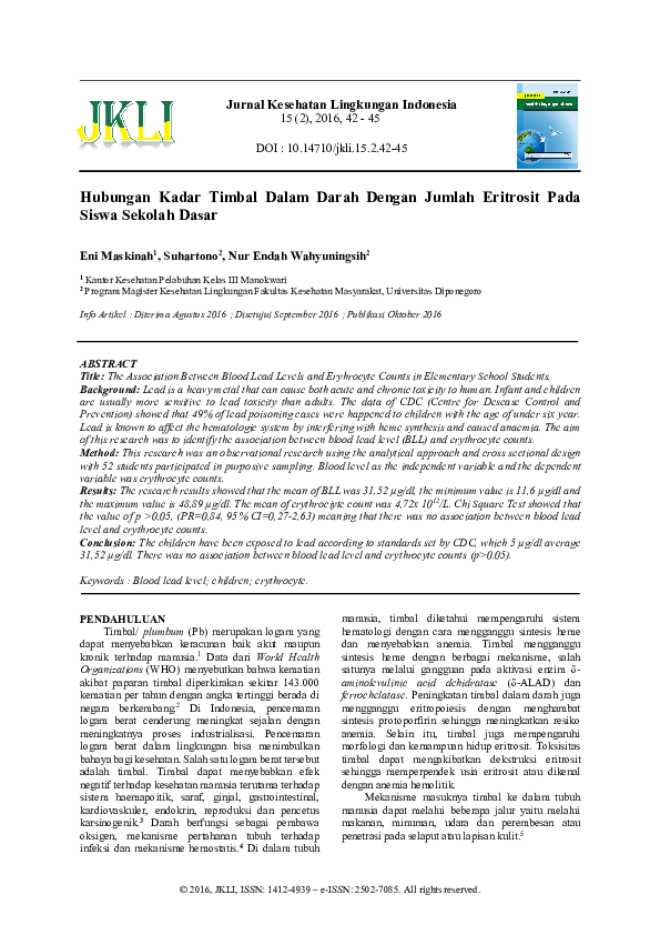 (PDF) HUBUNGAN KADAR TIMBAL DALAM DARAH DENGAN JUMLAH ERITROSIT PADA