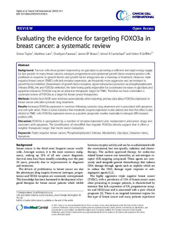 (PDF) Evaluating the evidence for targeting FOXO3a in breast cancer: a ...
