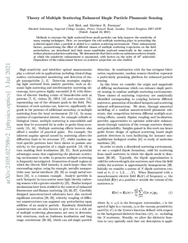 (PDF) Theory of Multiple Scattering Enhanced Single Particle Plasmonic ...