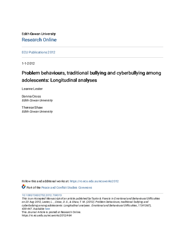 (PDF) Problem behaviours, traditional bullying and cyberbullying among ...