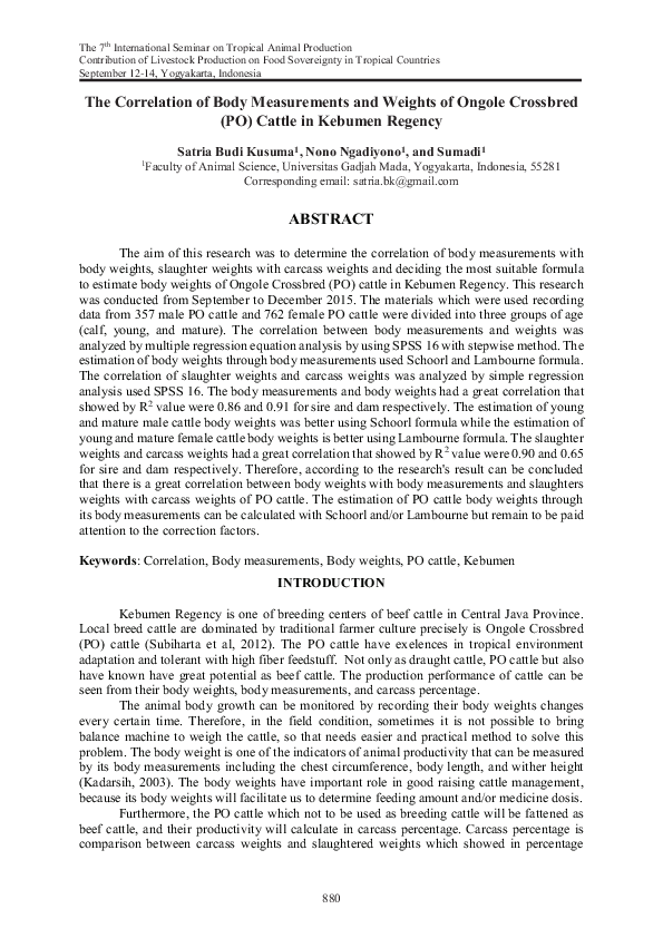 (PDF) The Correlation of Body Measurements and Weights of Ongole ...