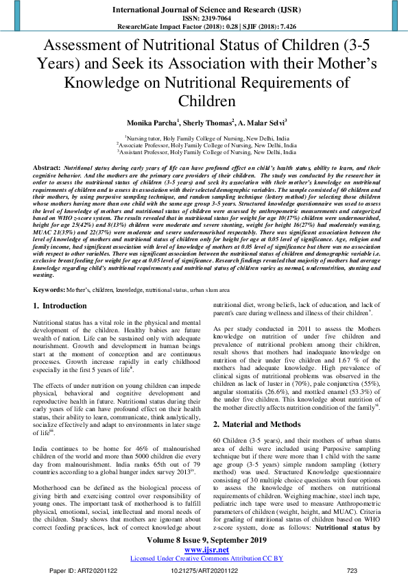 (PDF) Assessment of Nutritional Status of Children (3-5 Years) and Seek ...