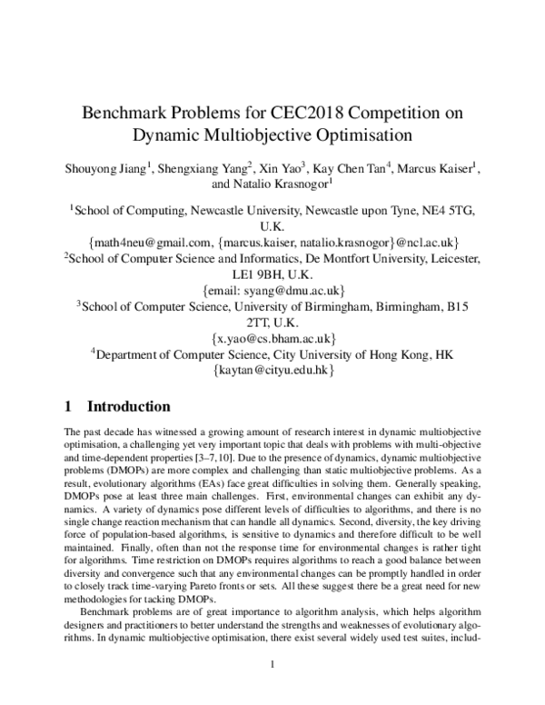 Pdf Benchmark Problems For Cec2018 Competition On Dynamic